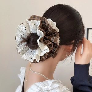Chouchou Vintage Français Plaid Brun et Dentelle Blanche Double Couche Élastique à Cheveux Plissé Doux Femme Bijoux