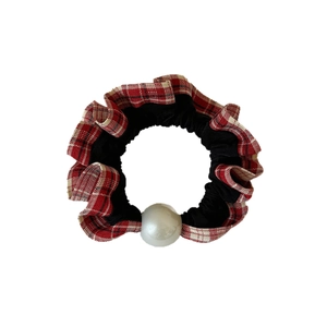 Minimalist red and black plaid ruffled scrunchie with a large pearl accent for women