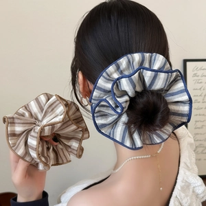 Women's Large Striped Fabric Scrunchie Korean Style Pleated Elastic Hair Tie Overlock Edge Sweet Hair Band For Girls
