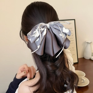 Barrette à cheveux nœud gris style français en satin avec ruban imprimé élégant