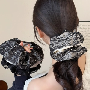 Vintage Beaded Artificial Pearl Lace Scrunchie Elegant Satin Floral Large Hair Ties Ponytail Holder Women Fashion Hair Accessories