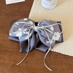 Vue détaillée d'une pince à cheveux en satin gris avec motifs floraux et rubans argentés