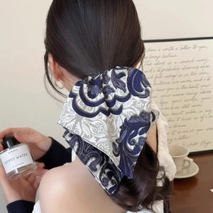 Oversized paisley print silk scrunchie with ribbons for women elegant ponytail tie