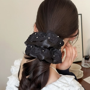Elegant black lace hair scrunchie with white pearls for ponytail and low bun styles