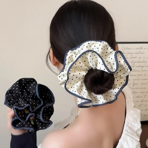 Women Large Satin Polka Dot Scrunchies Hair Ties Ruffled Overlock Edge Ponytail Holders Korean Style Sweet Elegant Accessory