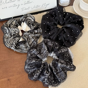 Three-piece lace scrunchie set with pearls in beige, gray, and black for elegant styling