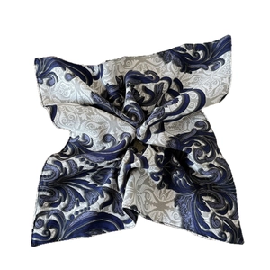 Oversized retro totem print hair scrunchie with elegant baroque pattern in blue and grey