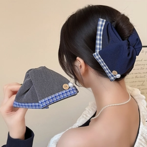 Pince à Cheveux Élégante Nœud Écossais pour Femmes Tissu Bouton en Bois Künstliche Perle Décor Style Coréen Accessoire
