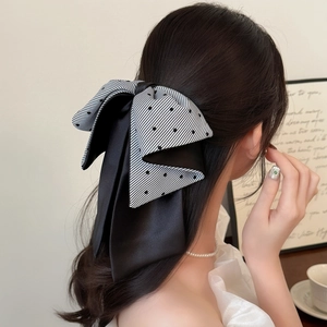 Large double-layer satin bow hair clip with black and white stripes and polka dot ribbons