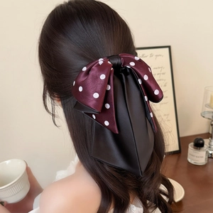 Elegant large burgundy polka dot satin bow hair claw clip for ponytail styling