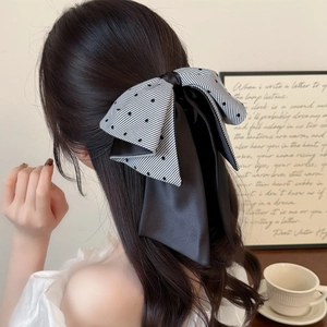 Elegant French Style Layered Bow Hair Clip For Women Striped Polka Dot Satin Fabric Ponytail Clip Sweet Hair Accessories