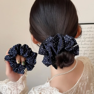 Navy Blue Floral Print Scrunchie With Handmade Label Pleated Elastic Hair Band For Women Fashion Hair Accessories Navy