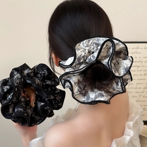 French Retro Ink Painting Large Scrunchie For Women Pleated Fabric Hair Tie With Black Piping Elegant Hair Accessories