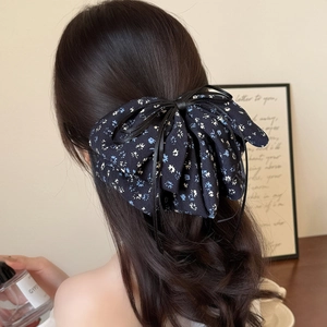 Korean Style Navy Blue Floral Bow Hair Clip Large Fabric Ponytail Claw Clip Elegant Women Hair Accessories Vintage Design