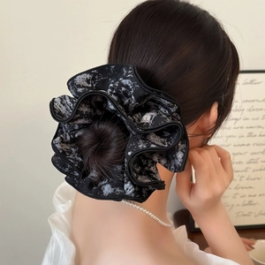French retro ink floral oversized scrunchie worn on bun with chiffon fabric texture