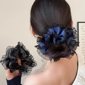 Chouchous en Maille de Dentelle Large Style Coréen Tissu Texture Denim Bandeau Élastique Double Couche Corde à Cheveux Douce Femme