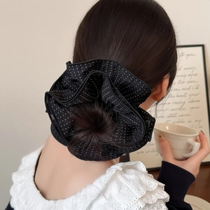 French style oversized black polka dot scrunchie with layered light translucent fabric