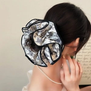 French vintage ink painting style oversized scrunchie with bold black stitched edges