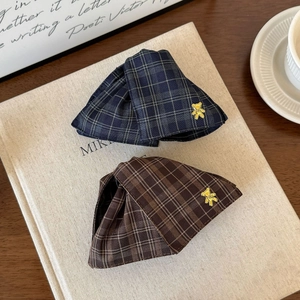 British style plaid triangle shark hair clips with cute golden bear detail on book