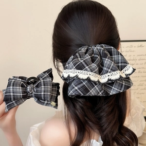 Vintage Schwarz-Weiß Kariert Schleife Haarclip Mit Spitze Retro Karo Pferdeschwanzhalter Haarklammer Für Damen Mode Kopfschmuck