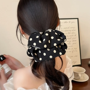 Large Polka Dot Fabric Scrunchie Elastic Hair Tie Pleated Ponytail Holder For Women Black White Korean Style Hair Accessory