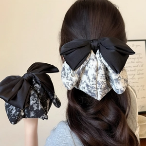 Elegant Multi-Layer Bow Hair Clip For Women Satin Ink Wash Print Ponytail Clip With Artificial Crystal Pendant Headwear
