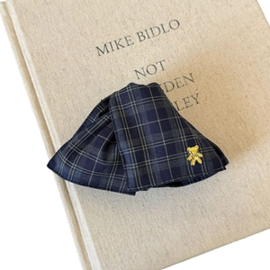 British style navy plaid bow hair claw clip with a delicate gold bear metal charm ornament