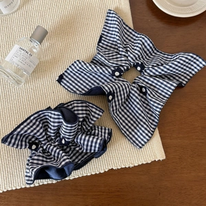Blue and white checkered fabric scrunchie set with bow and delicate flower embroidery