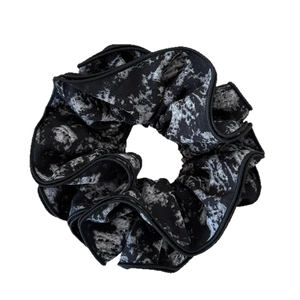 French vintage scrunchie with black ink wash floral pattern and elegant ruffled fabric