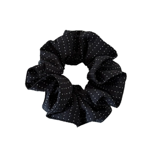 French style polka dot oversized scrunchie in black fabric with white dots