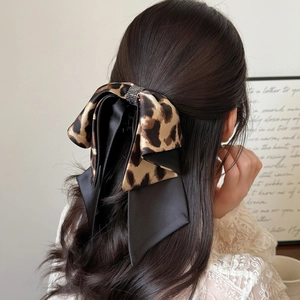 Vintage Leopard Print Bow Hair Clip For Women Fabric Rhinestone Ponytail Hairpin Korean Fashion Large Butterfly Hair Accessories