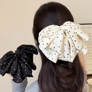 Elegant Large Bow Hair Clip Satin Heart Pattern Artificial Pearl Pendant Ponytail Claw Clip Sweet Hair Accessories For Women