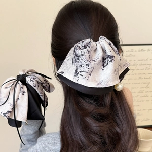 New Chinese Style Ink Wash Bow Hair Clip Elegant Satin Ponytail Clip With Artificial Pearl Pendant Hair Accessories For Women