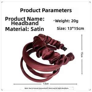 Vue détaillée de serre-têtes en satin bordeaux avec dimensions précises du produit