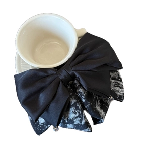 Elegant multi-layer black velvet bow hair clip with ink print fabric and crystal pendant