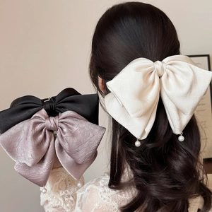 Grande Pince à Cheveux en Satin Avec Nœud et Künstliche Perles Pendantes Élégante Pince à Queue de Cheval Plissée Française pour Femme Accessoires Cheveux