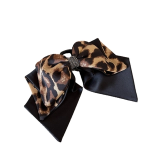 Elegant leopard print bow hair clip with black silk layers and crystal center decoration