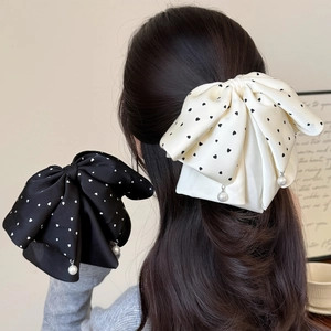 Élégante Pince à Cheveux Nœud en Satin pour Femmes Épingle à Cheveux à Pois Cœur Doux Avec Pendentif Künstliche Perle Accessoires