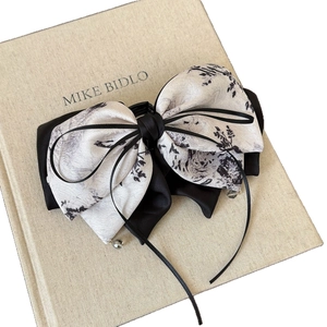 Elegant ink floral jacquard silk bow hair clip with black ribbons and vintage style
