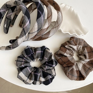 Vintage Plaid Fabric Headband And Scrunchie Autumn Winter Checkered Hair Band Wide Thick Hair Ties For Women Hair Accessories