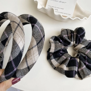 Classic plaid fabric headband and scrunchie set with warm autumn wool texture