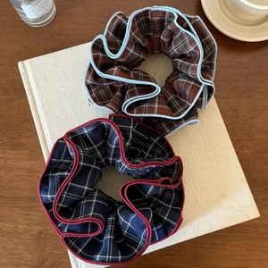 British style plaid scrunchies set in brown and navy with contrast piping