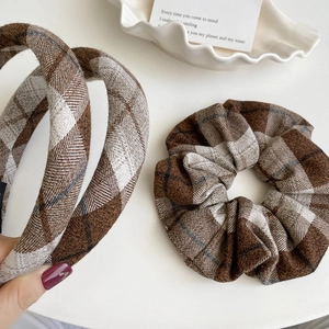 Plaid velvet hairband and scrunchie set in brown and beige checkered fabric style