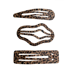 Three-piece leopard print metal hair clip set with teardrop, wavy and rectangular shapes