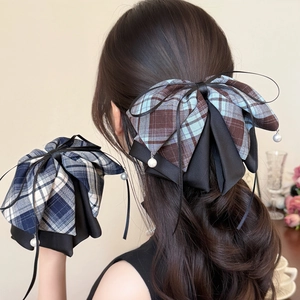 Large Plaid Bow Hair Clip Korean Style Fabric Double Layer Satin With Faux Artificial Pearl Pendant For Women Elegant Hair Accessories