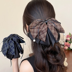 Elegant Plaid Bow Hair Clip For Women Vintage Satin Ponytail Holder With Artificial Pearl Dangles And Ribbon Fashion Hair Accessory