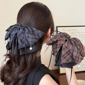 Elegant plaid bow hair clip with pearl pendant and long ribbons for women ponytail