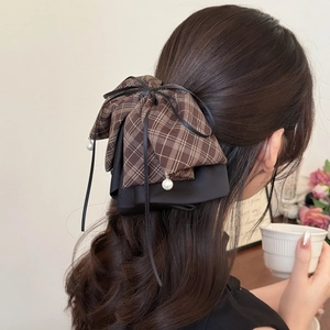 Plaid ribbon bow hair clip with faux pearls for women elegant hairstyle decoration