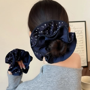 Chouchous en Tissu Bleu Marine à Motifs Floraux et Pois pour Femmes Fait Main Plissé Grands Élastiques Style Coréen Accessoires
