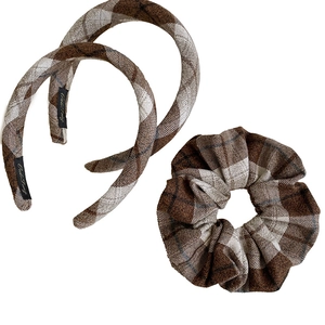 Brown plaid hair accessories set with two headbands and a large velvet scrunchie
